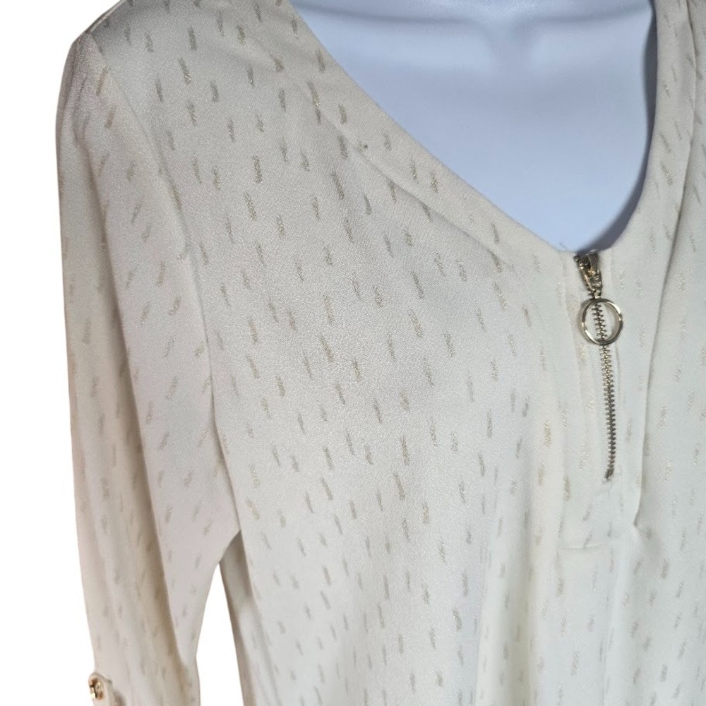 Daisy Fuentes Blouse Womens Large Cream Gold Zip V-Neck 3/4 Roll Tab Sleeve‎ Top